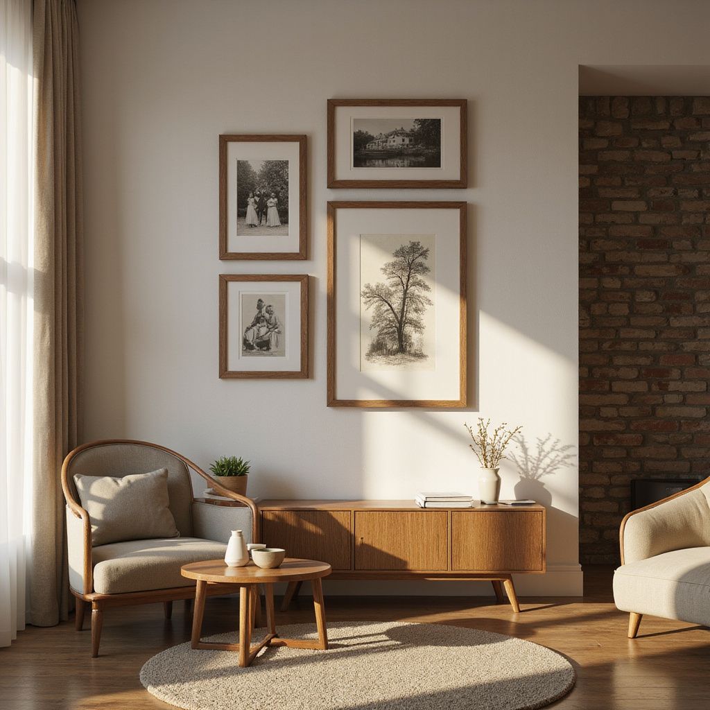 Living room with framed art, wood furniture, rug, and sunlight.