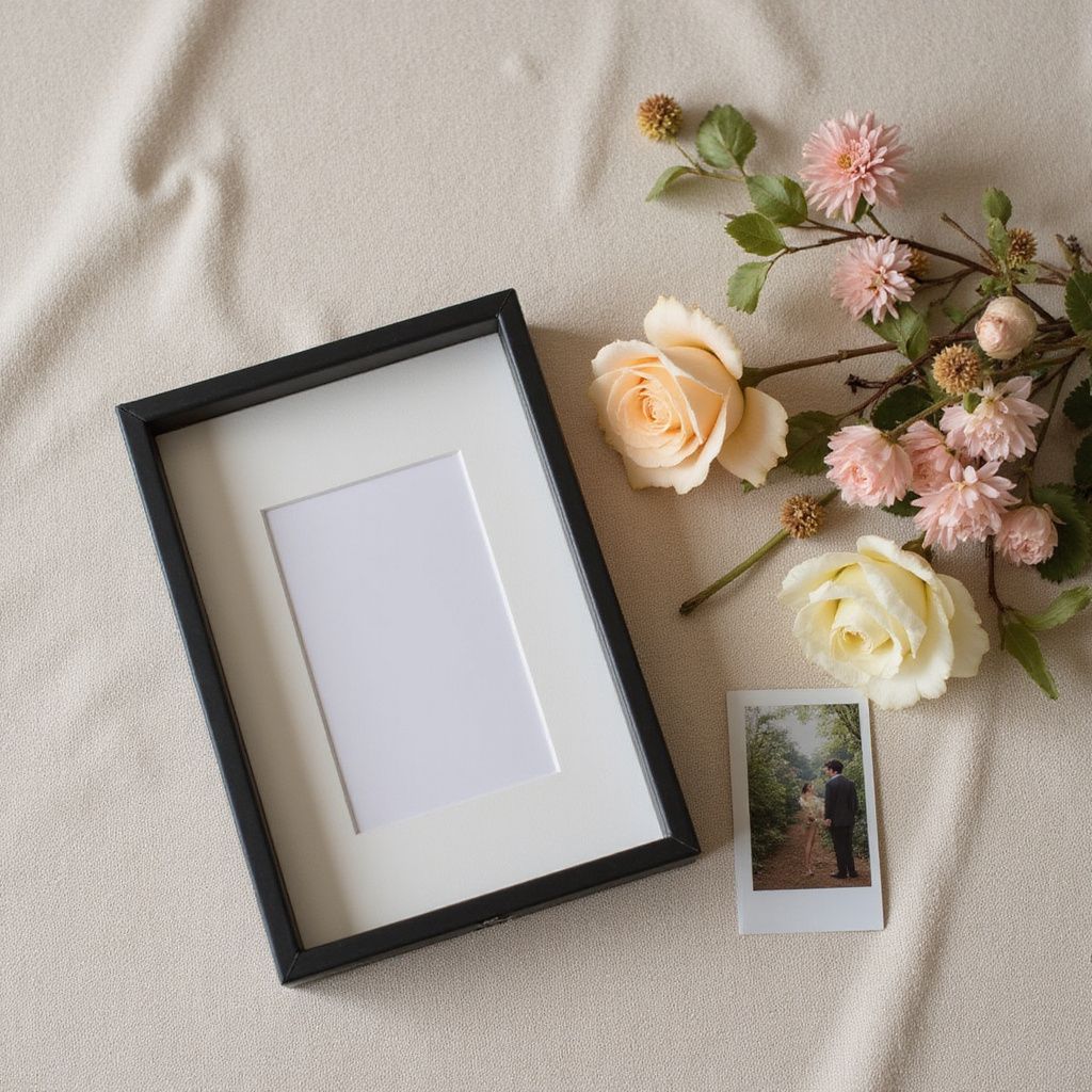Black photo frame with mat, flowers, and a small photo on a beige fabric.