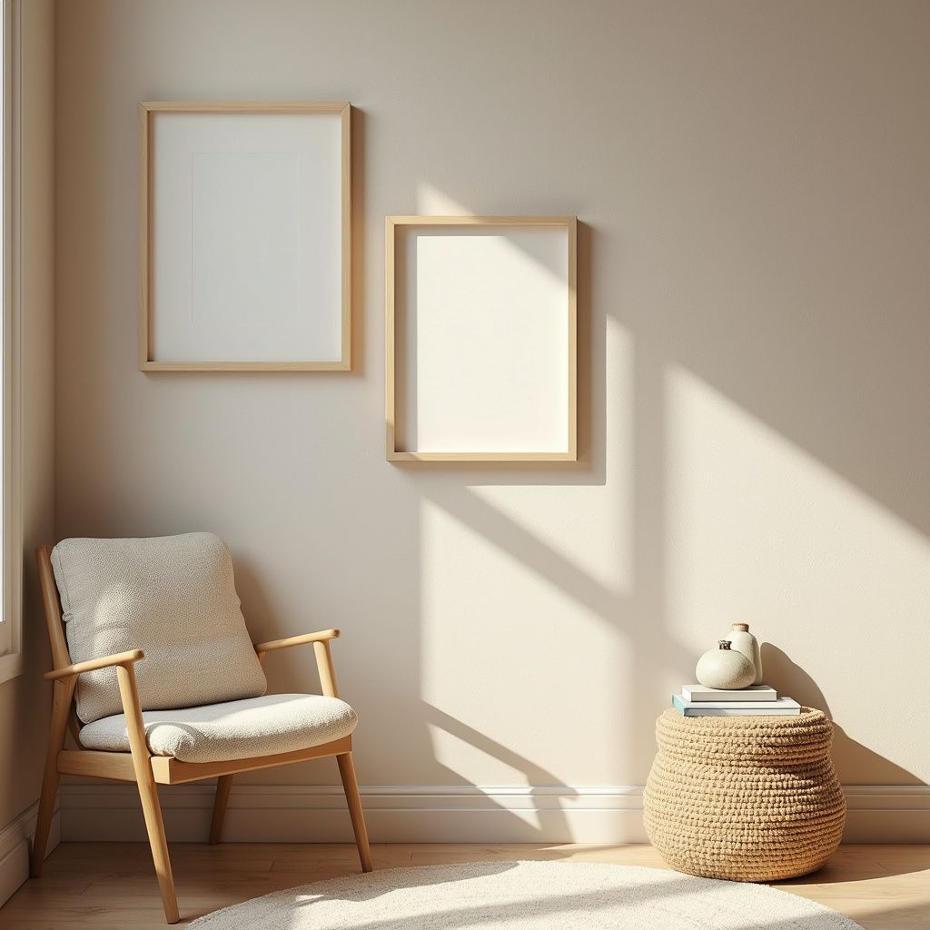 A room with a chair, two empty picture frames, and a side table. Beige tones, natural light.