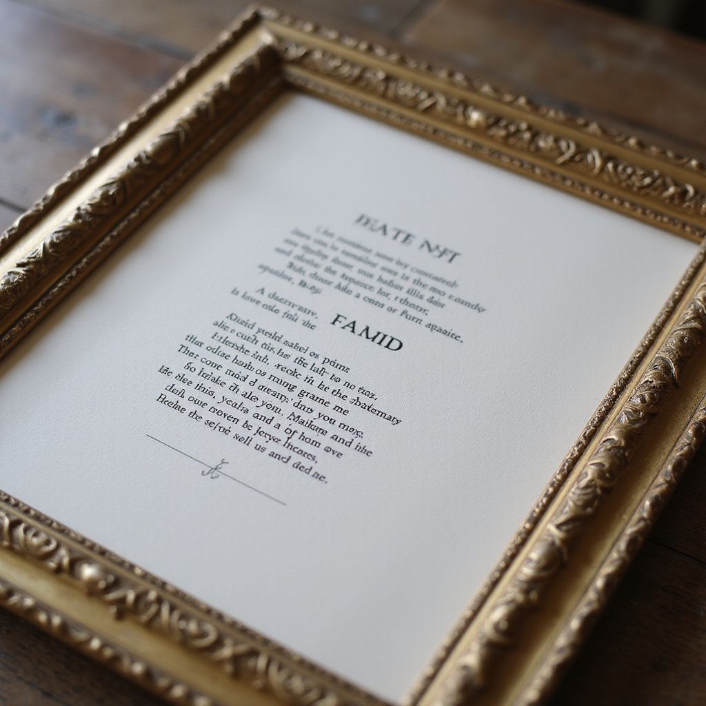 Gold framed print with a poem titled