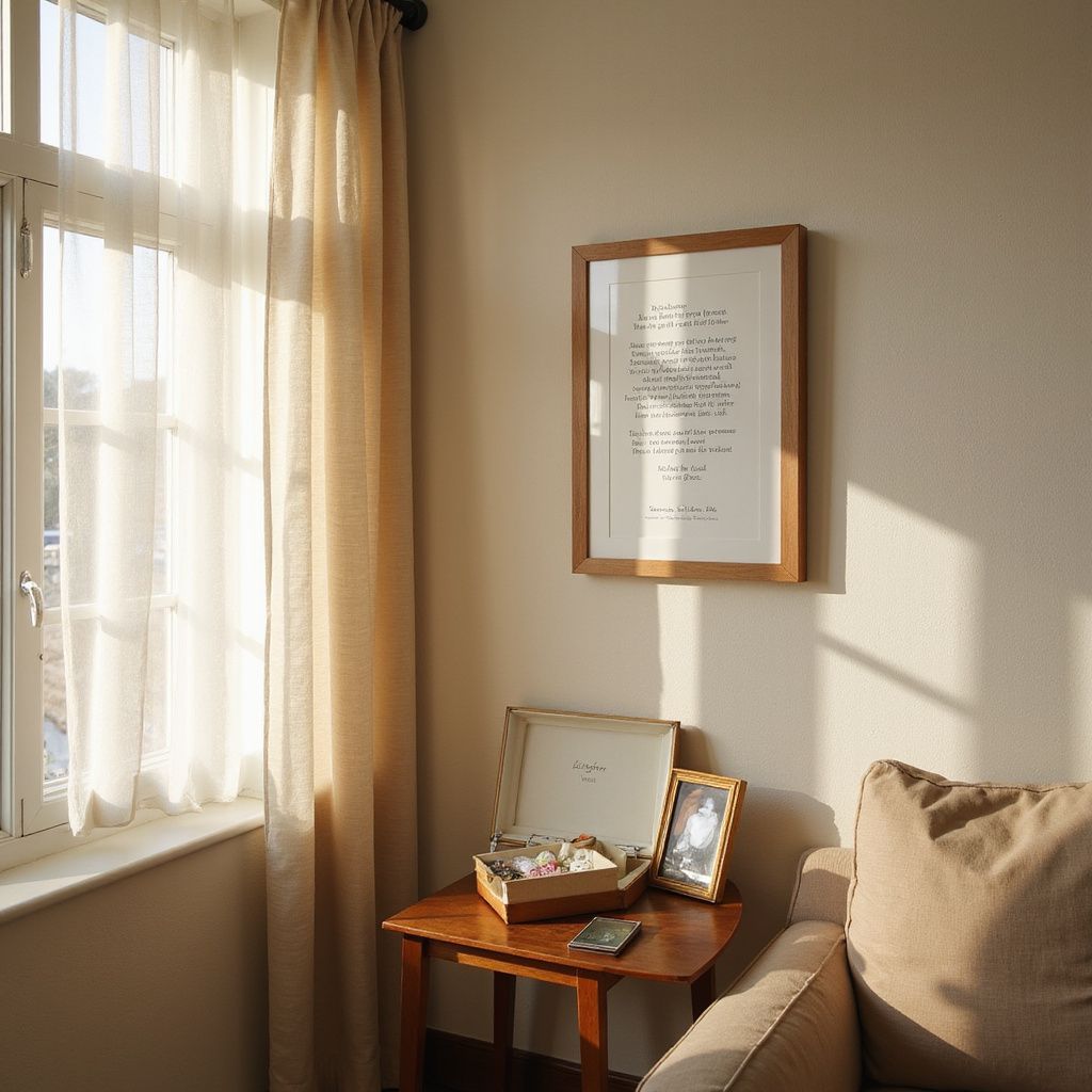 A sunlit corner with window, sheer curtains, framed artwork, small table with decor, and a sofa.