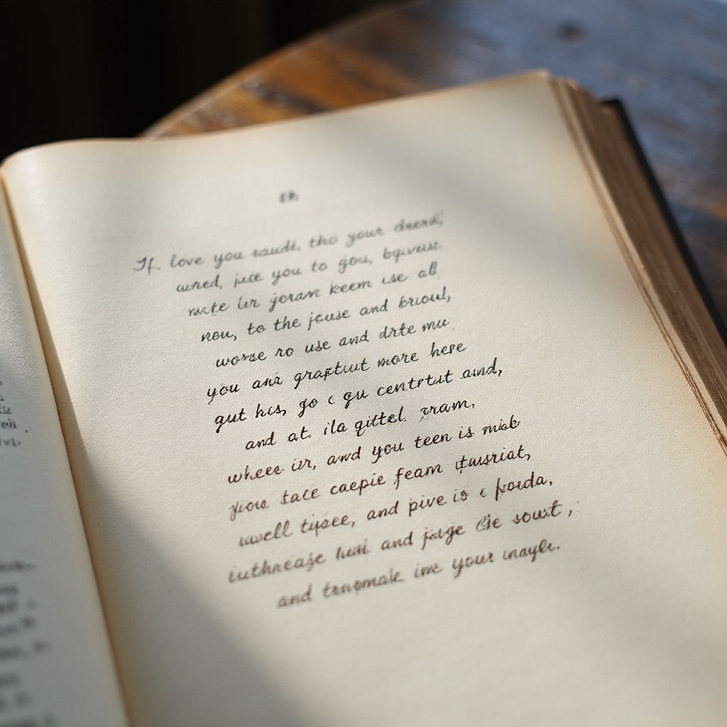 Open book with handwritten text on a wooden table, sunlight casts shadows.