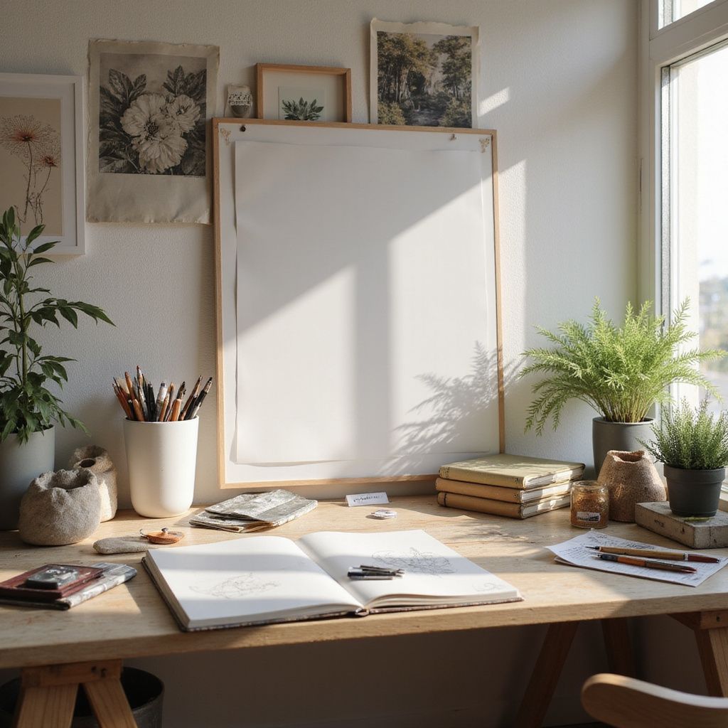 Desk with art supplies, blank paper, plants, and natural light.