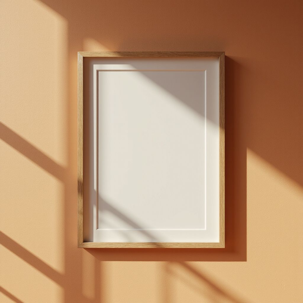 Wooden framed, blank picture on a peach-colored wall, with shadow from a window.
