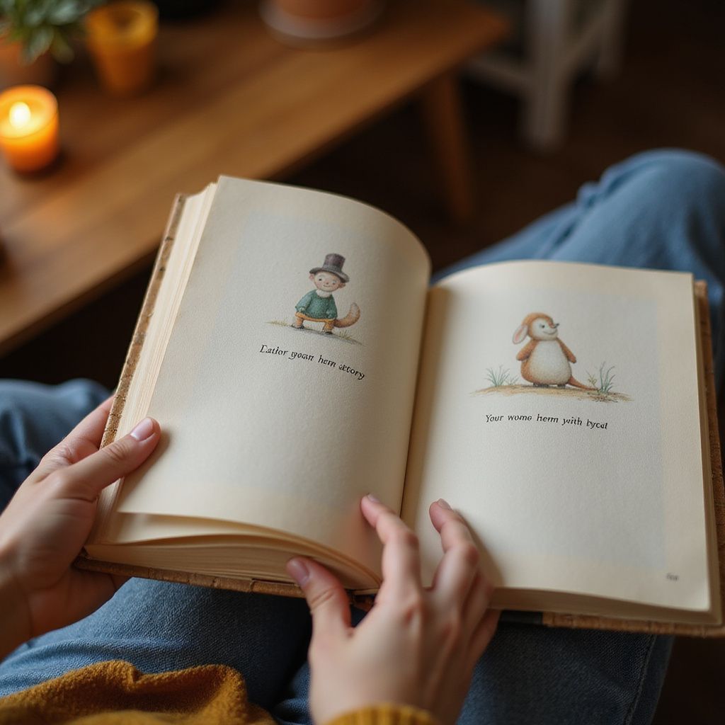 Person reading an open storybook with illustrations of cartoon animals.