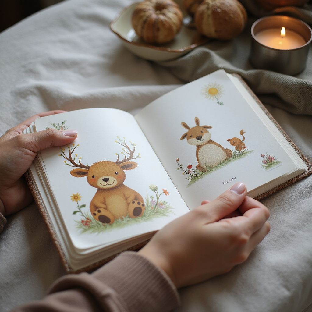 Hands holding open book with deer illustrations, small pumpkins, and candle on a white cloth.