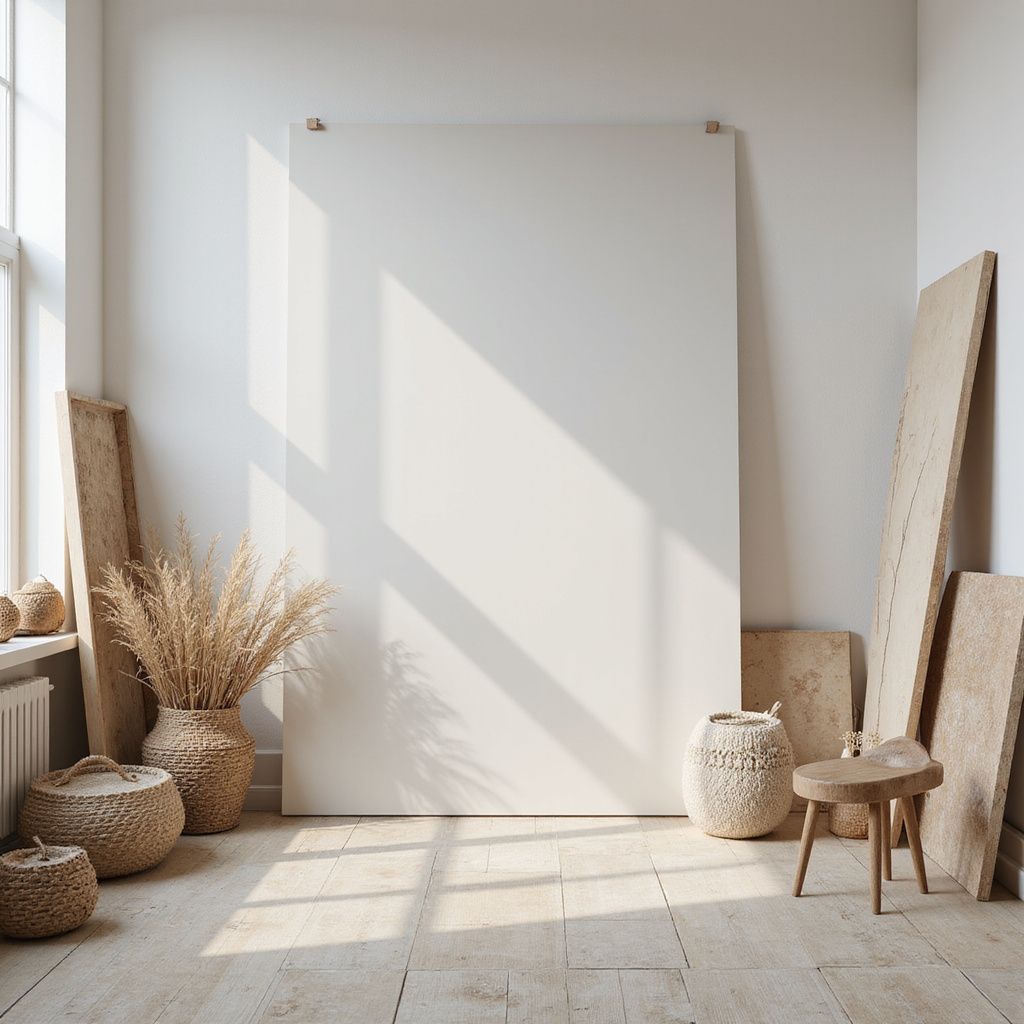 A bright, minimalist room with natural light. A large blank canvas.