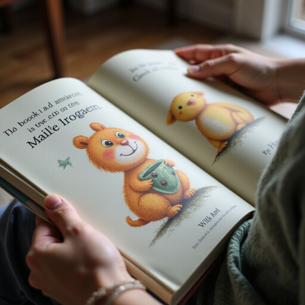 Person reading a children's book with illustrations of a bear and a yellow creature; soft colors.
