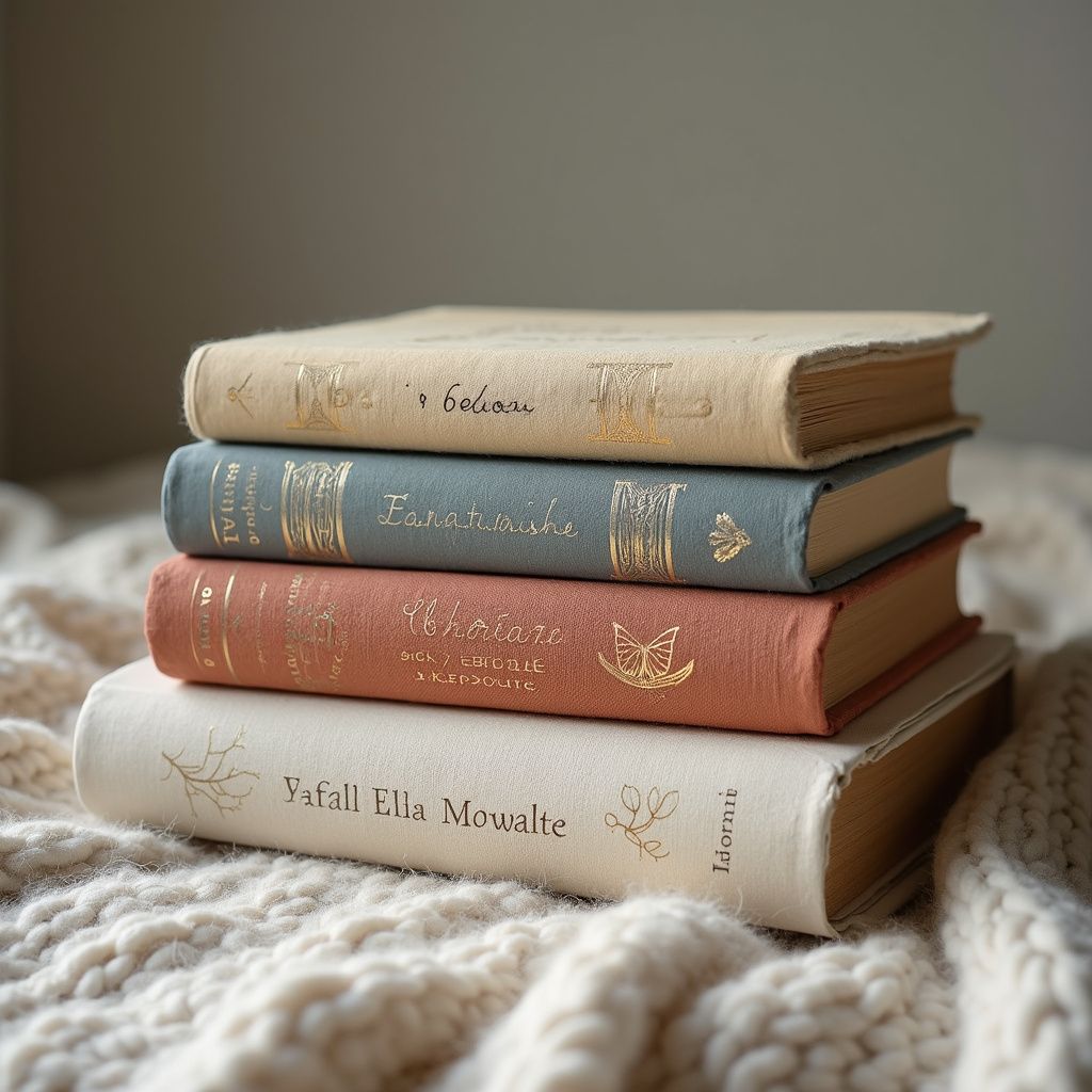 Stack of four vintage books with gold lettering on a cream-colored knitted blanket.