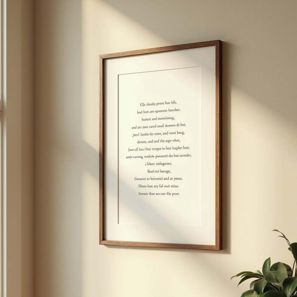 Framed print on wall with cream-colored background, text visible. Brown frame, soft sunlight, plant in corner.