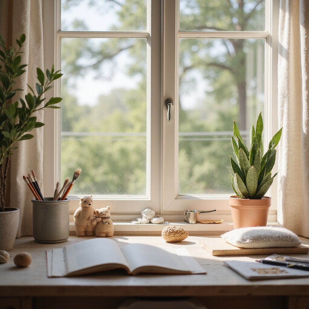 Desk by a window with art supplies, plants, and an open book; sunlight streams in.