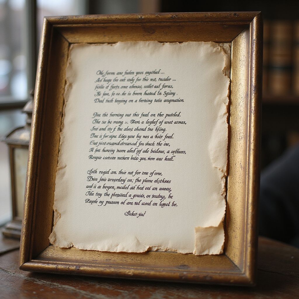 Framed parchment with handwritten text in a gold-colored frame, likely poetry, on a wooden surface.