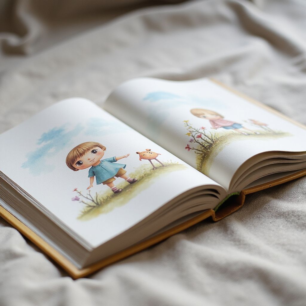 Open children's book with watercolor illustrations of a child in a field, accompanied by a small animal.