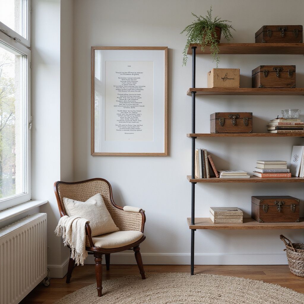 Cozy reading nook: framed text, wooden shelves with decor, wicker chair with blanket, rug, and window.