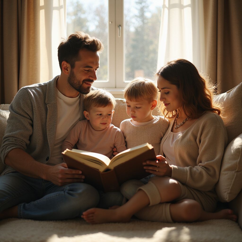 Family reading a book together on a couch by a window; soft lighting.