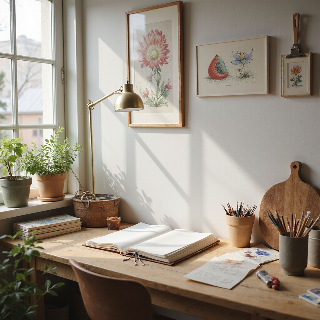 A bright artist's desk by a window, with plants, artwork, and supplies.