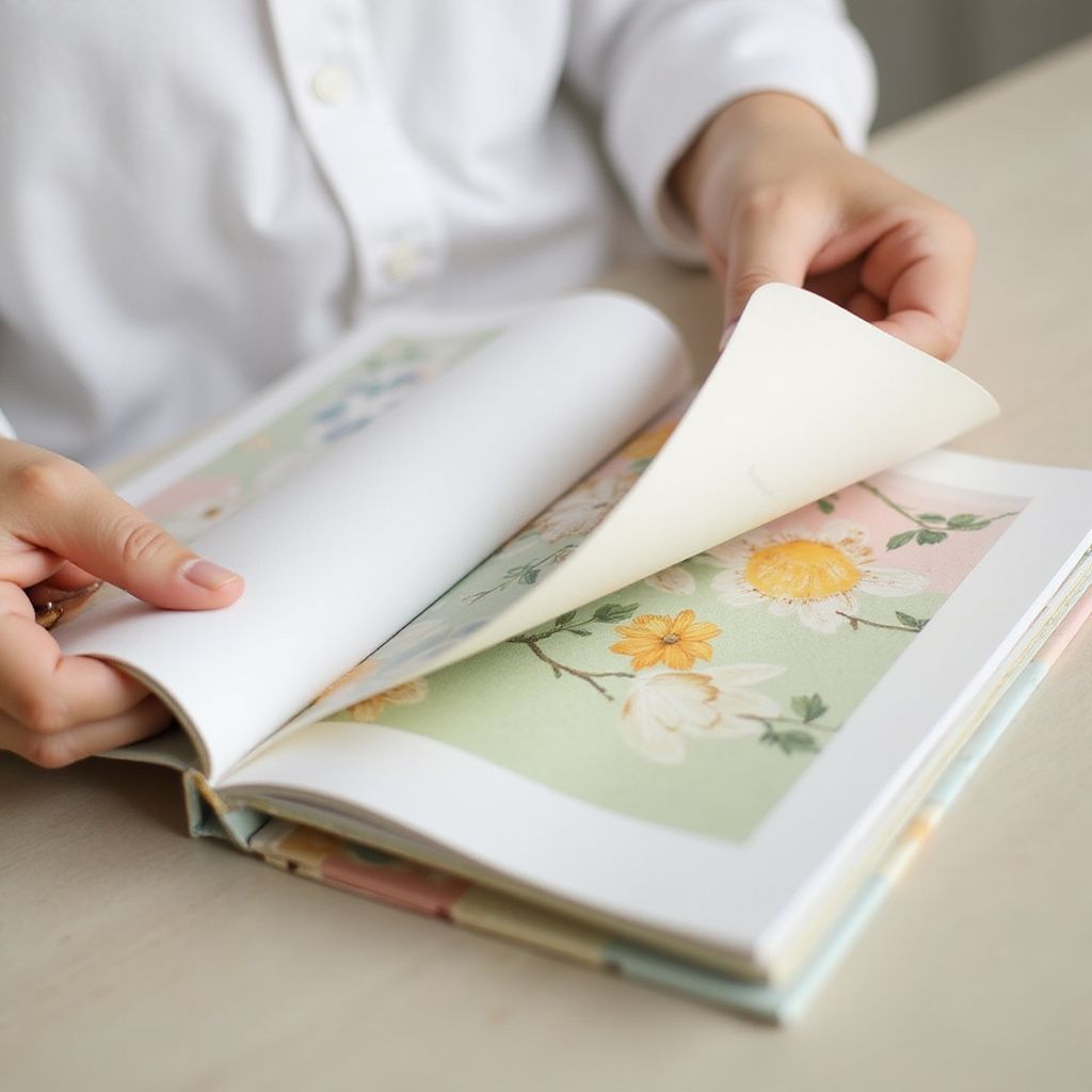 Person turning the page of a floral-illustrated book, held open. White shirt, soft colors.