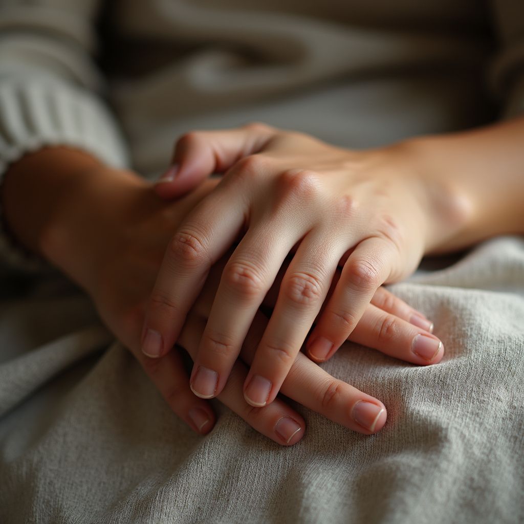Hands clasped on lap, skin-toned, resting on light-colored fabric.