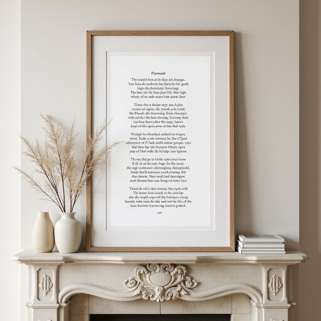 Poem print in a frame, displayed on a fireplace mantle with vases and books.