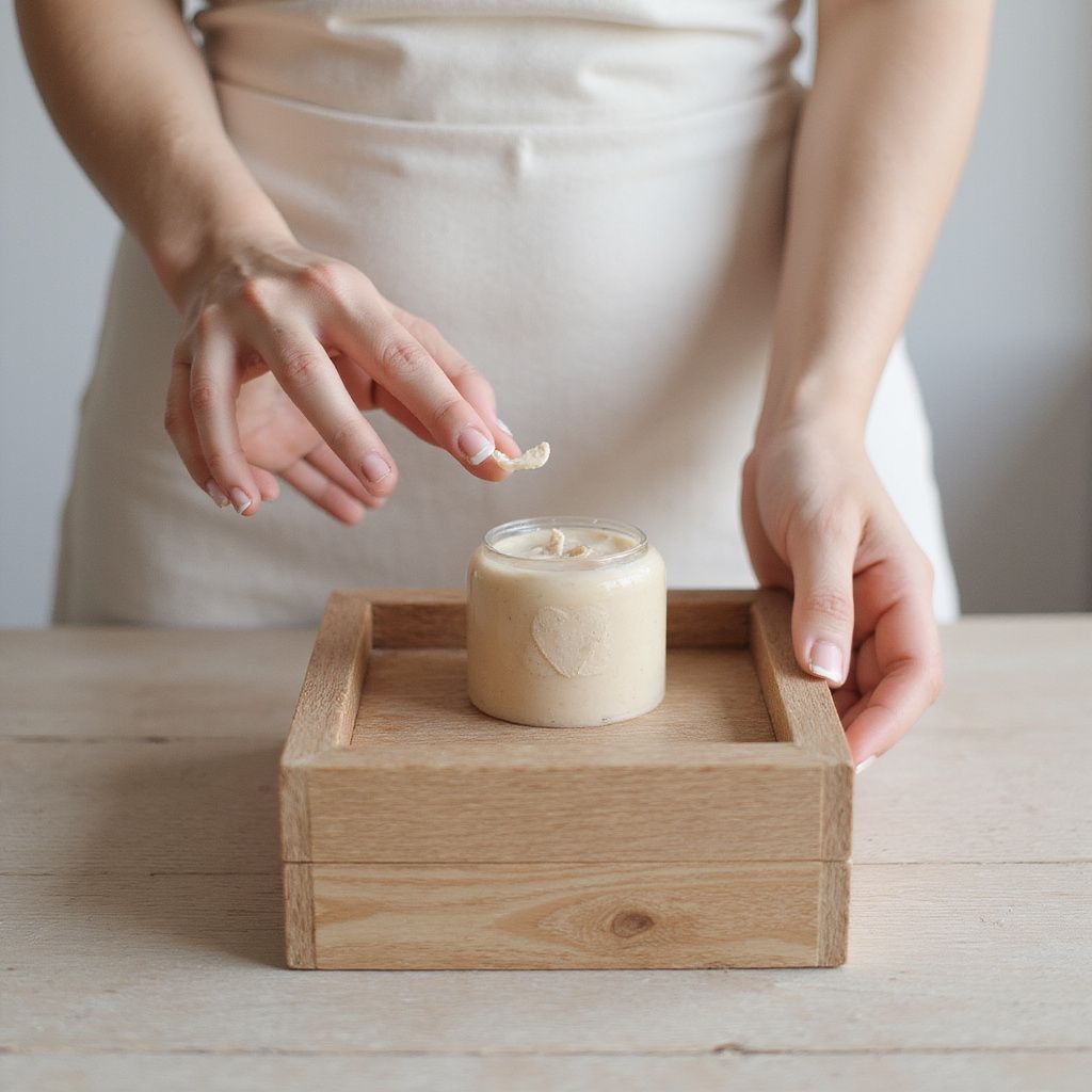 Person placing a small item into a candle in a glass jar, set in a wooden tray.