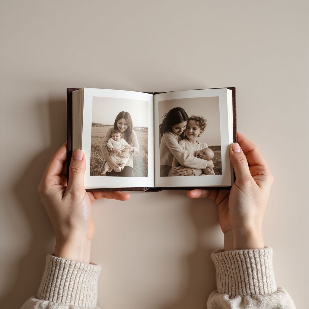 Hands holding an open photo book with two sepia-toned photos of a mother and child.