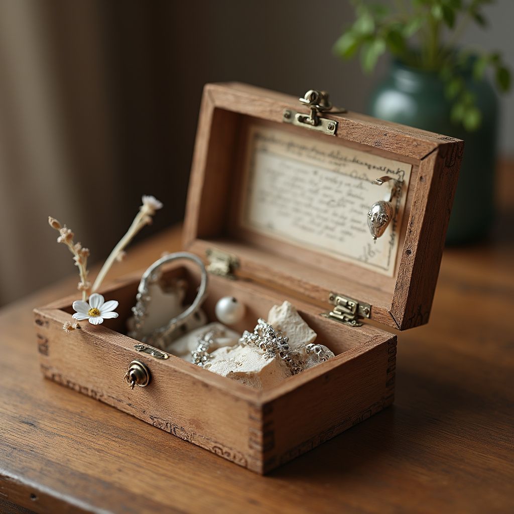 Wooden jewelry box open on a wooden table, containing jewelry, a flower, and a note.
