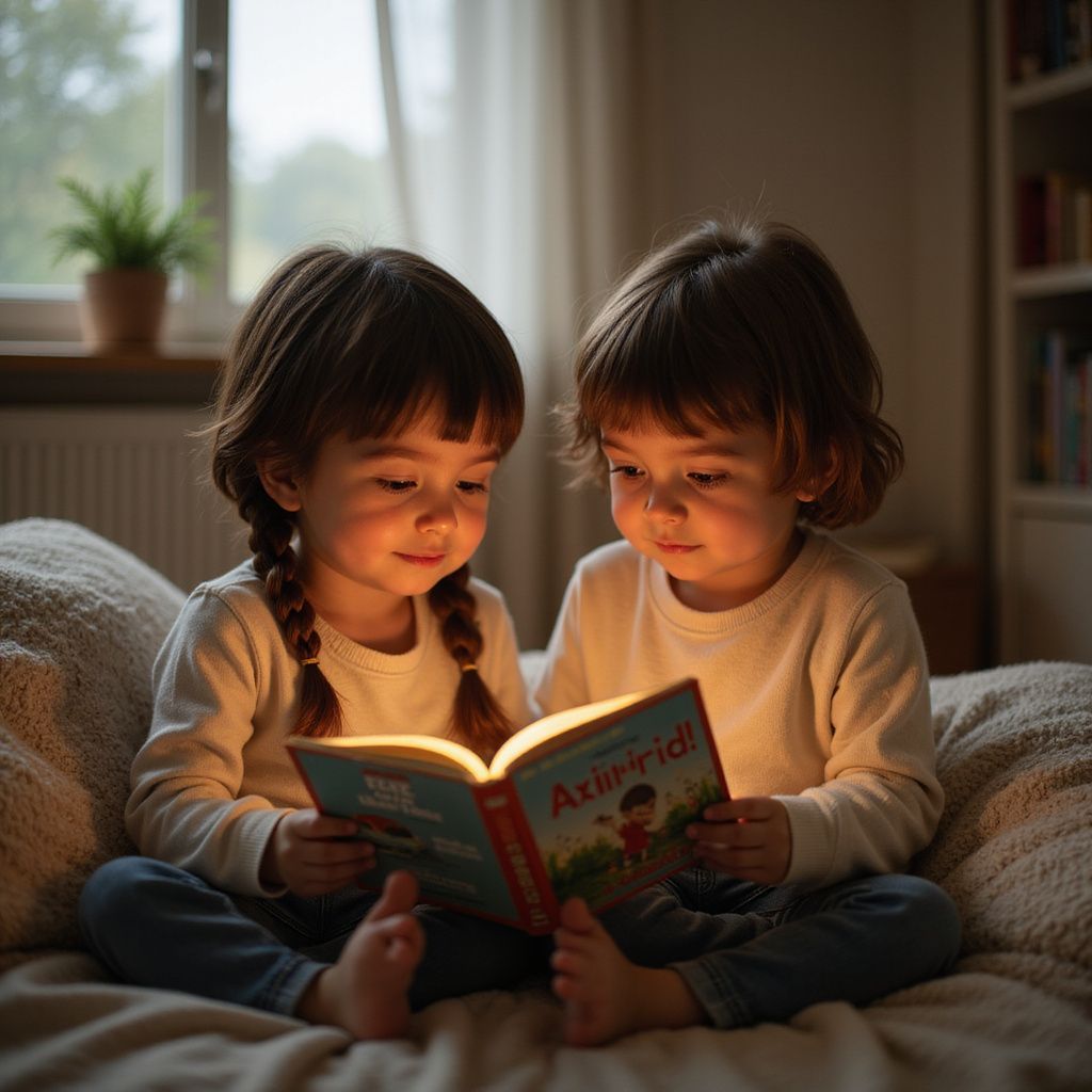 Two children reading a book together in a cozy room, book glows with light.