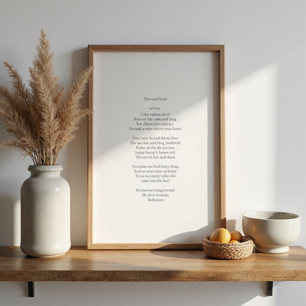 Wooden shelf with a framed poem, vase of dried flowers, and small bowl.