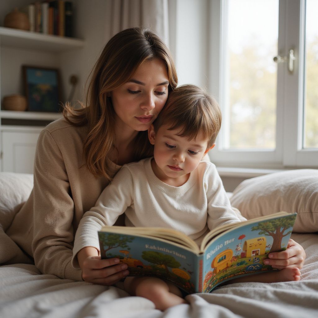 Woman and child reading a book together on a bed; they are focused, light-skinned, and in a warmly lit room.