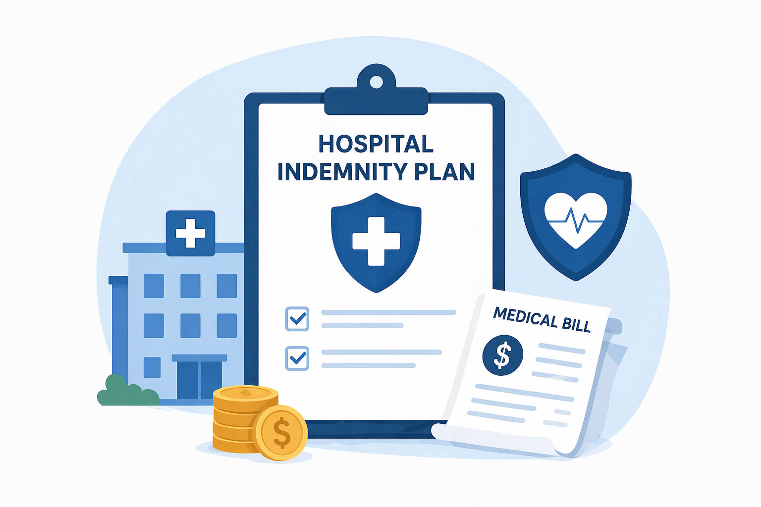Hospital indemnity plan clipboard with shield, medical bill, coins, and hospital building illustration
