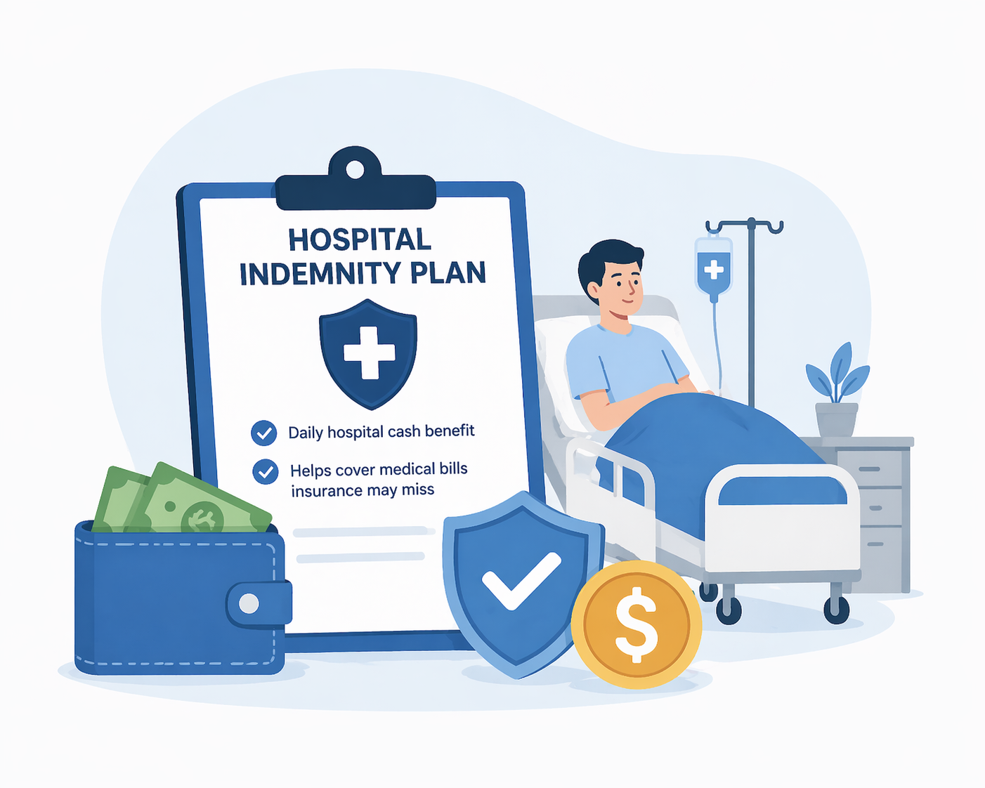 Hospital indemnity plan illustration with a patient in bed, clipboard, wallet, shield, and coins.