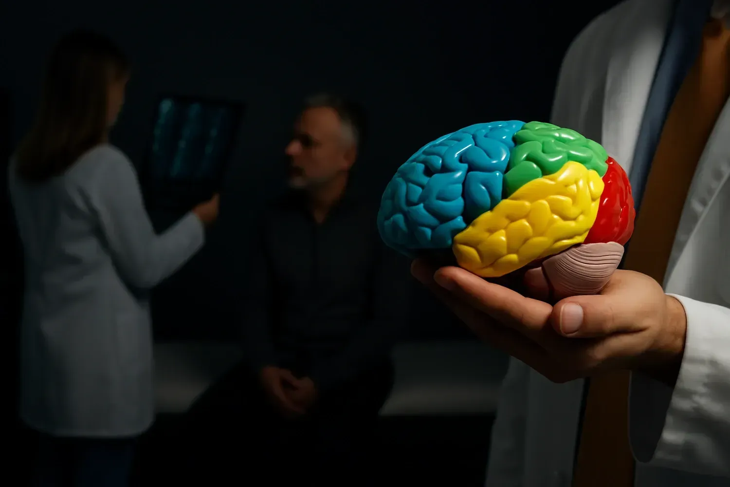 Doctor holding a colorful brain model, with patient and assistant in the background examining scan.