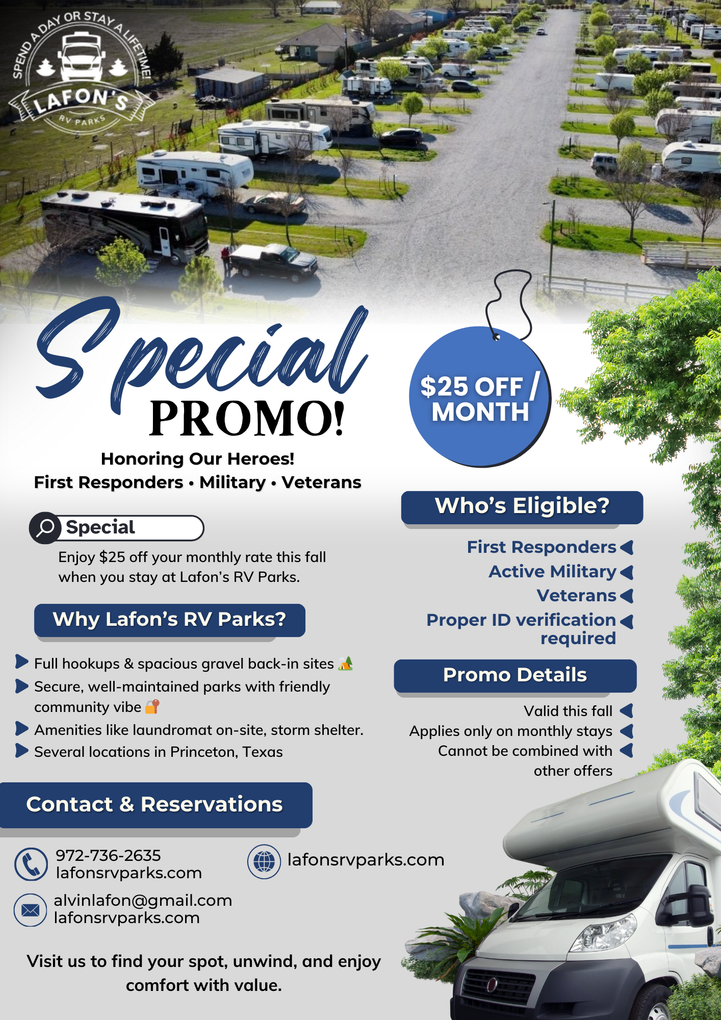 RV park advertisement with a special promo for first responders, military, and veterans. Offers $25 off per month.