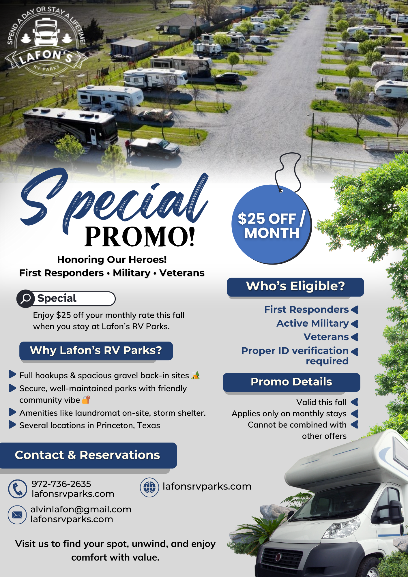 RV park advertisement with a special promo for first responders, military, and veterans. Offers $25 off per month.