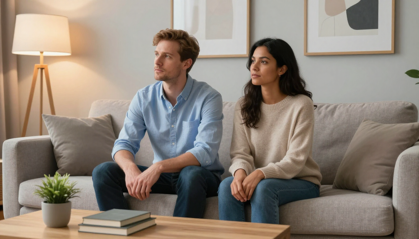 Pareja en un sofá representando la distancia emocional del apego evitativo y la necesidad del apego ansioso