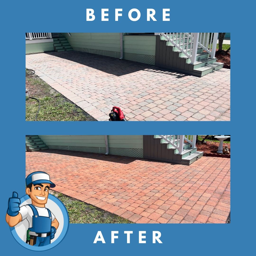 Before and after photos of a brick patio cleaning