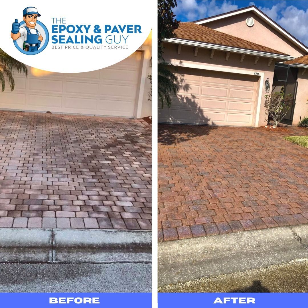 Before and after driveway paver sealing: brick pavers with noticeable color difference, enhancing the driveway's appearance.