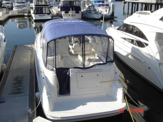 A white boat with a blue canopy is docked at a marina
