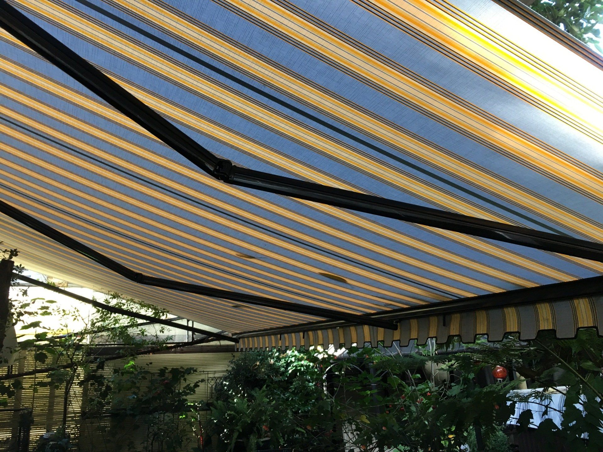 A blue and yellow striped awning is covering a patio with trees in the background.