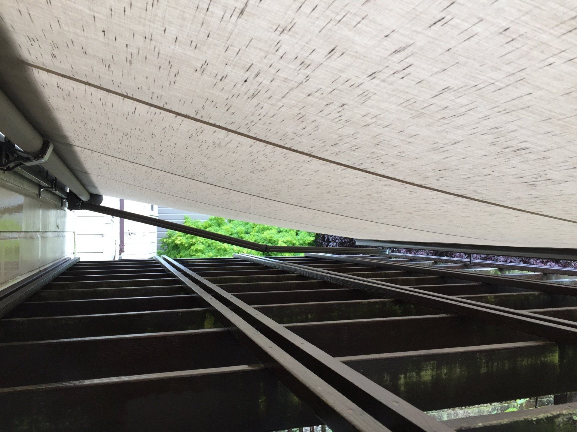 Looking up at the ceiling of a building.
