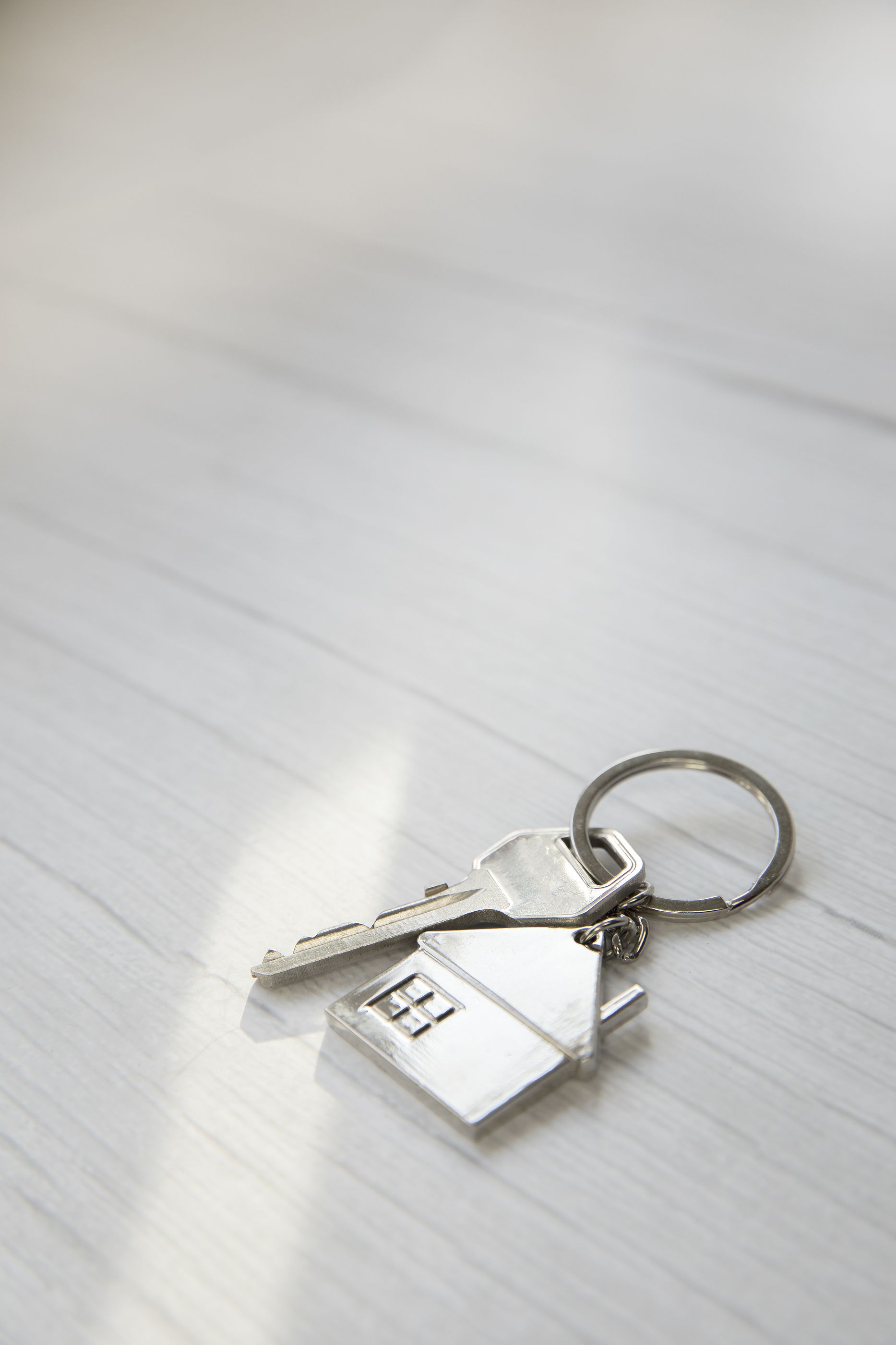 A pair of keys with a keychain in the shape of a house.