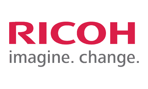 El logotipo de Ricoh es rojo y blanco y dice 