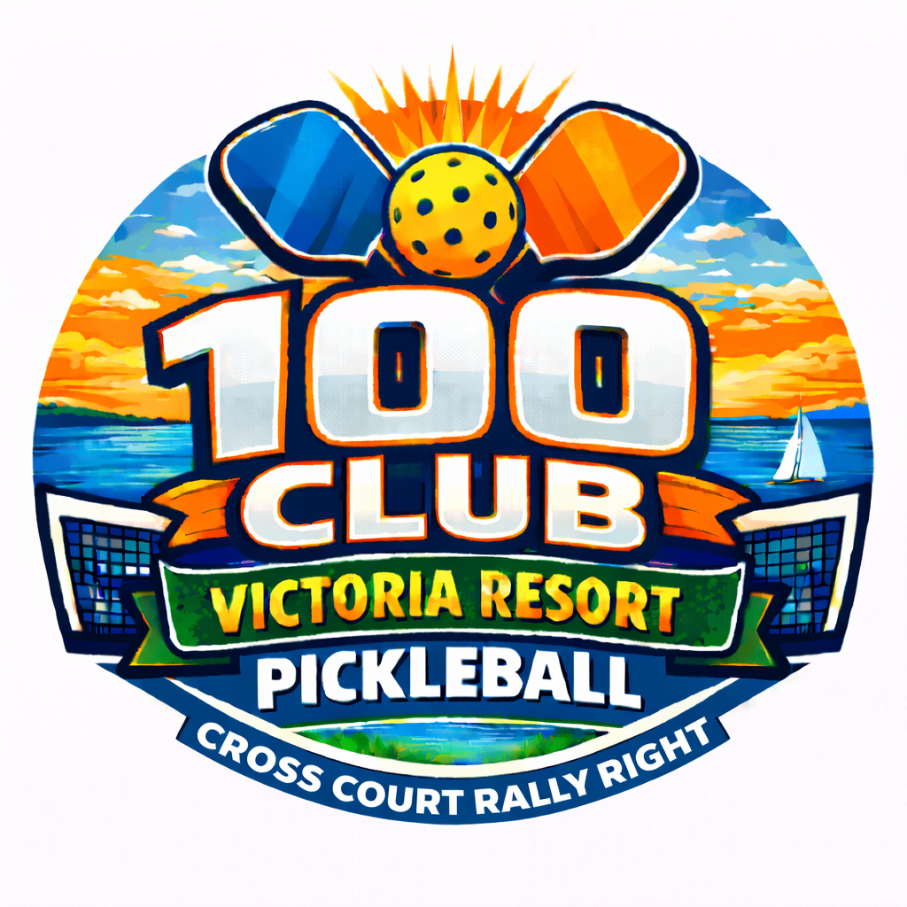 Logo for 100 Club Victoria Resort Pickleball: paddles, ball, nets, water, sky.