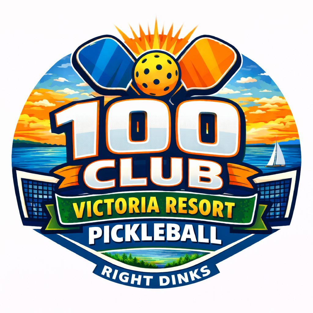 Logo for 100 Club Victoria Resort Pickleball: paddles, ball, water, sun, text on a banner.