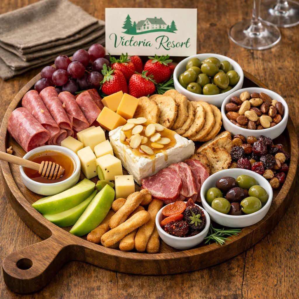 Charcuterie board with meats, cheeses, fruits (grapes, pomegranate, berries), crackers, nuts, and a dark red flower.