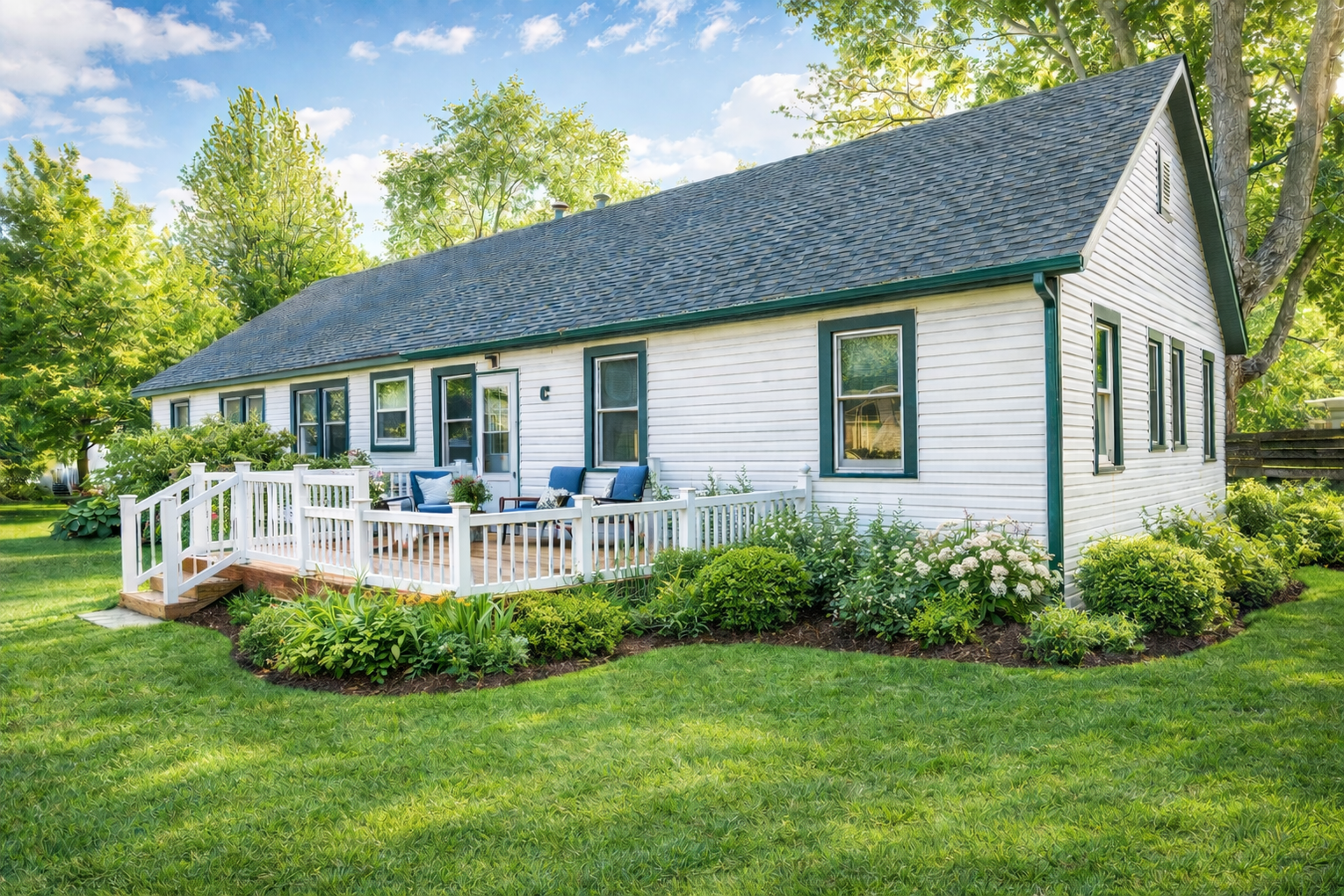 White cottage with green roof, red-flowered tree, and blue chairs on a porch. Sunny outdoor setting.
