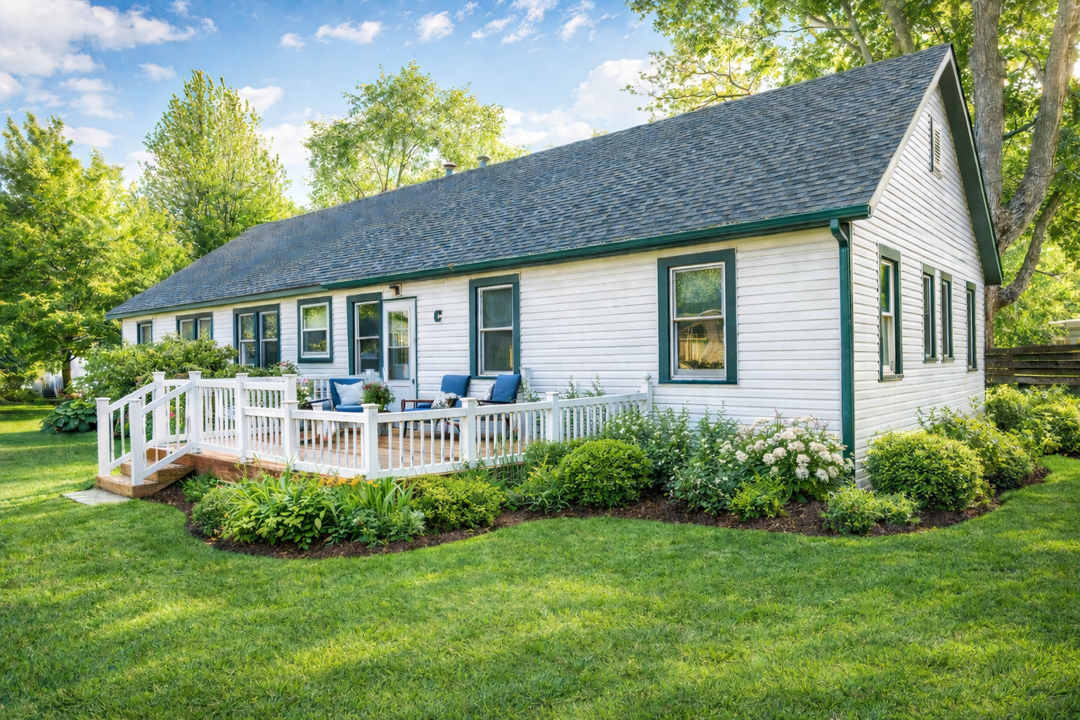 White cottage with green roof, red-flowered tree, and blue chairs on a porch. Sunny outdoor setting.
