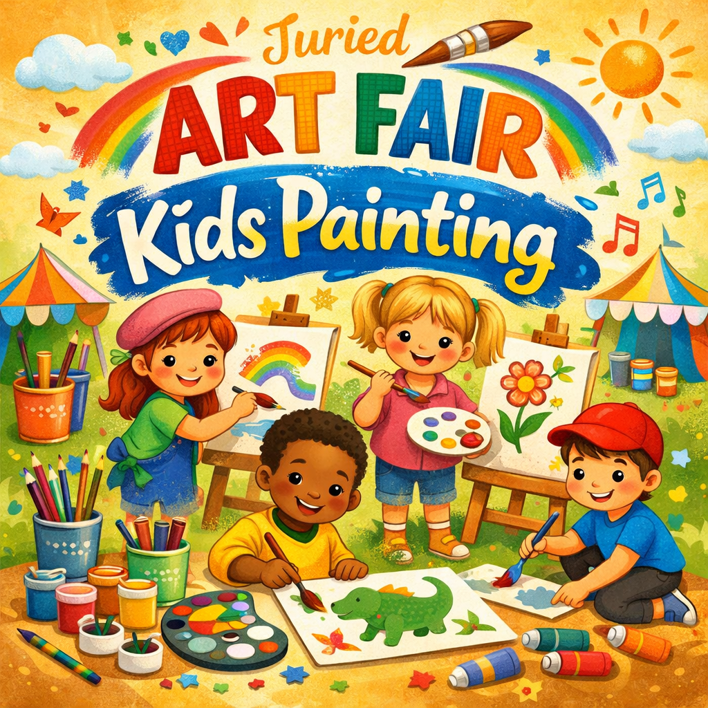 Children painting at an art fair, colorful rainbow and sun, paint brushes, paints, canvases, tents.