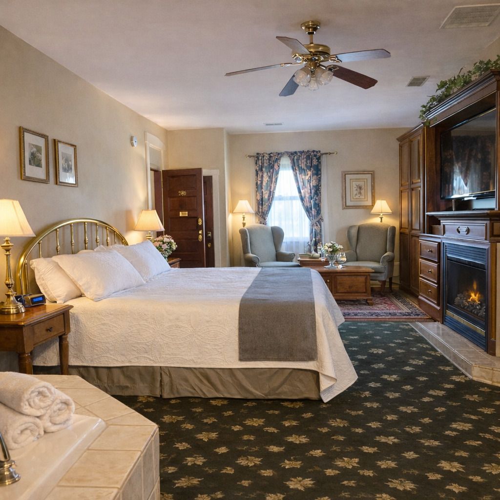 Bedroom with a bed, fireplace, and ensuite bathroom. Beige walls, floral carpet, and a ceiling fan.