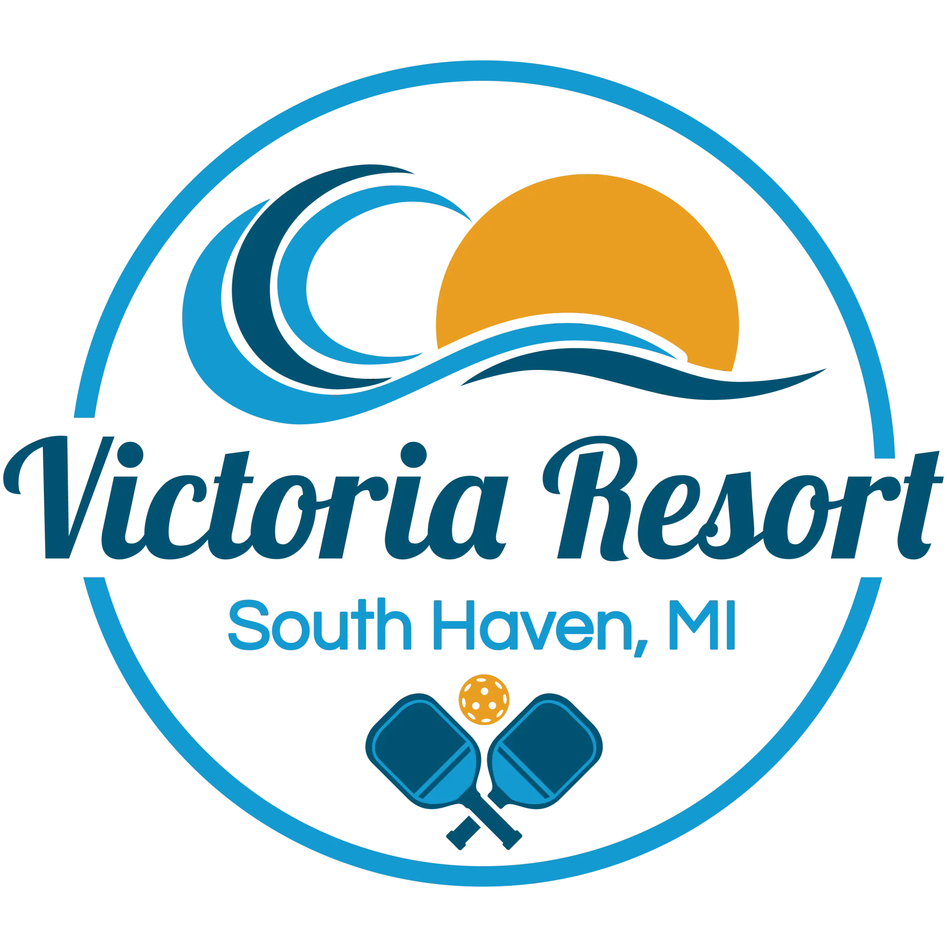 Logo for Victoria Resort in South Haven, MI. Features waves, sun, crossed pickleball paddles, and text in a blue circle.